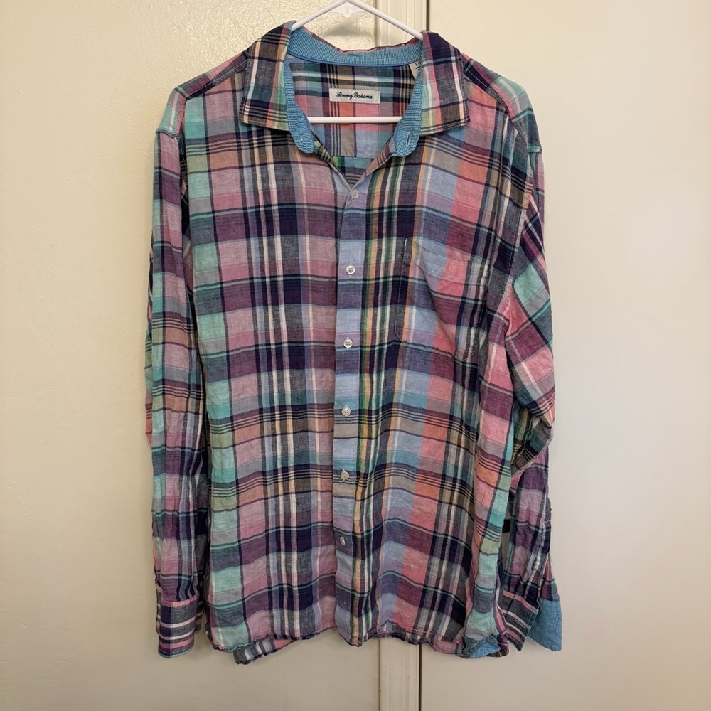 Tommy Bahama 100% Linen Plaid Button Down Shirt Men’s Large Pink Blue